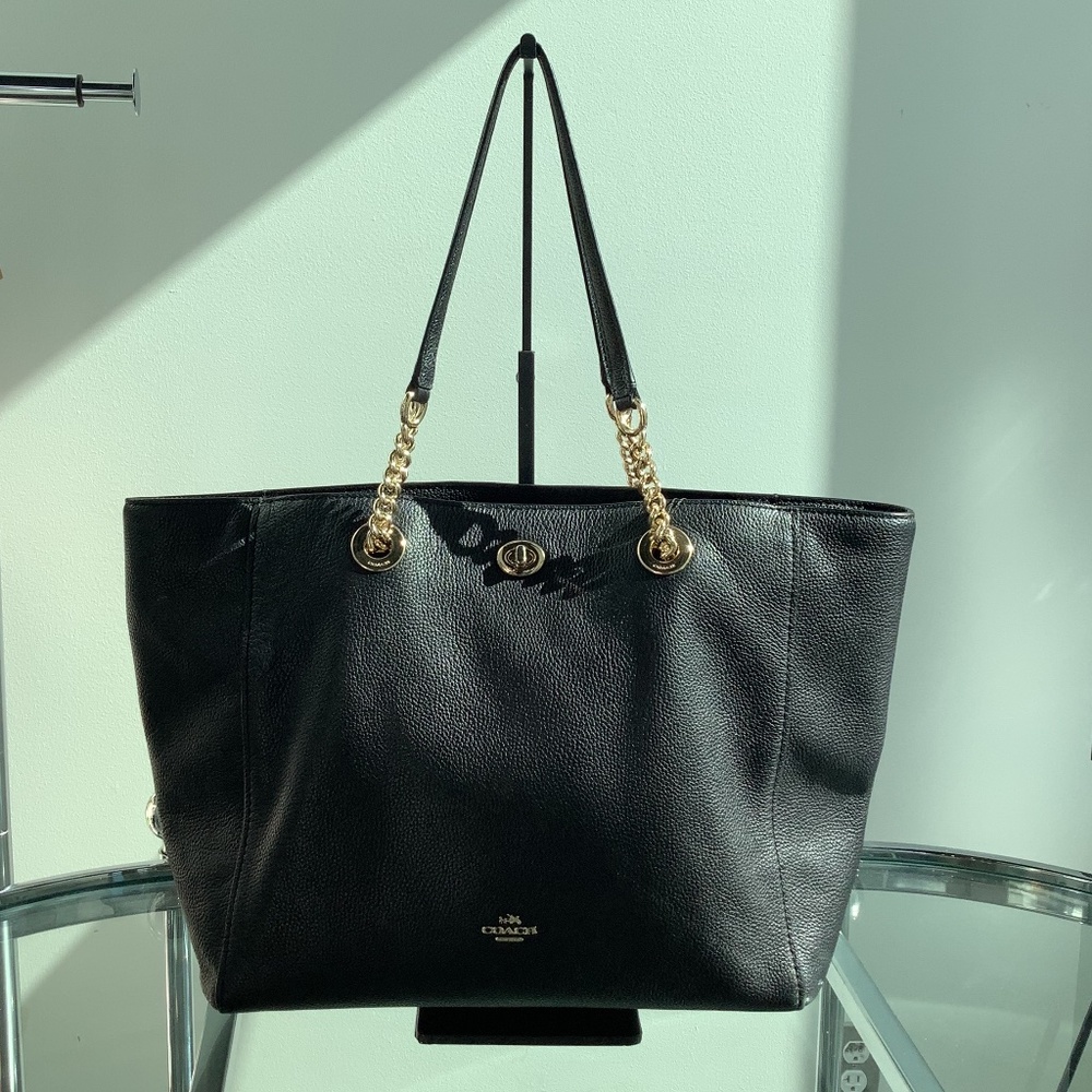 Coach Black Pebbled Turnlock Chain Tote 27 Bag